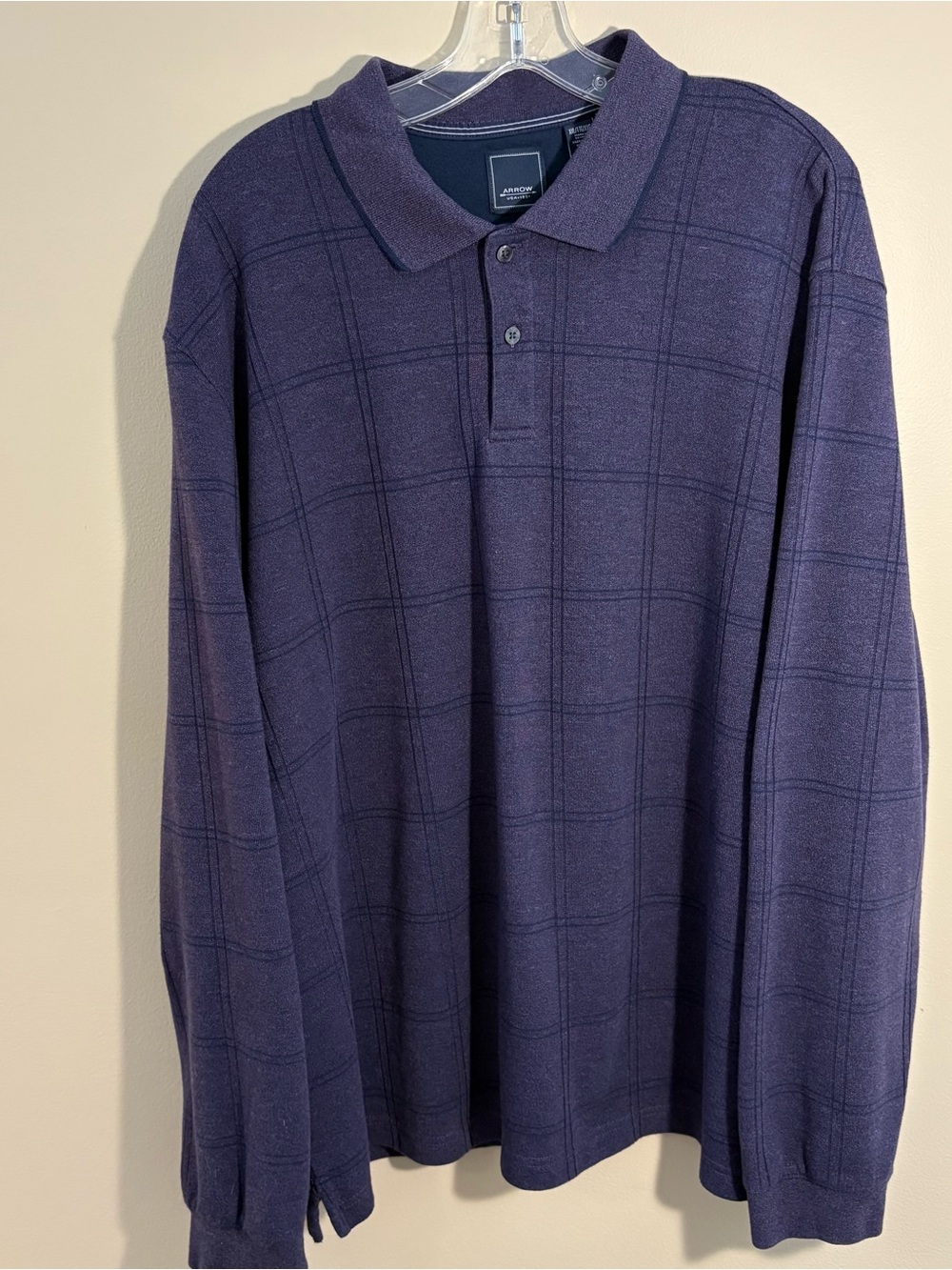 Arrow Men’s XXL Purple Heather Windowpane Plaid Long Sleeve Polo Shirt